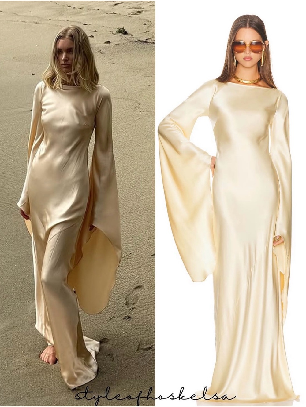 Helsa Rosalind Silk Charmeuse Golden Peach Bell Sleeve Maxi Gown REVOLVE